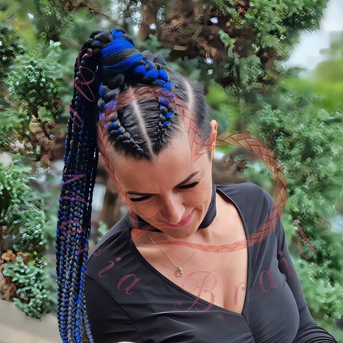 Feed-in pattern braids with knotted ponytail hairstyle