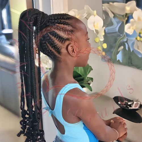 Feed-in braids with knotted curly ponytail ends hairstyle